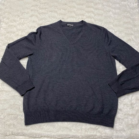 Express Sweater Men's XL Gray Merino 100% Wool V-Neck Long Sleeve Pullover - Picture 1 of 8